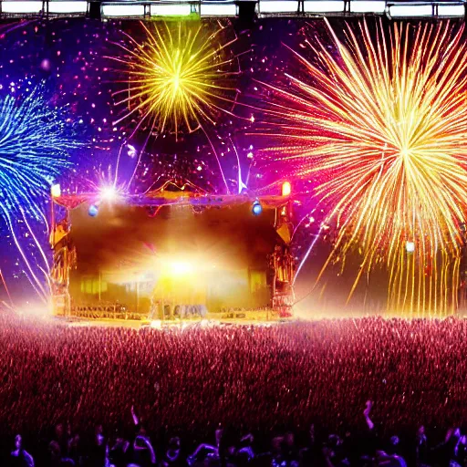 Image similar to illustration of a pop rock music group named'shiny souls'with two woman singers with blonde hair and one woman singer with brown curly hair singing in front of the crowd in a stadium, firework in background, aerial view, digital art