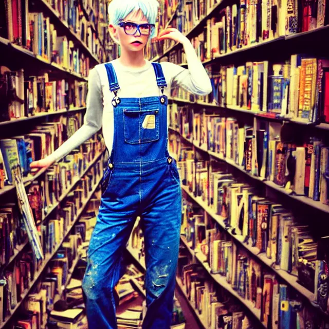 Image similar to full body pose, beautiful adult book fairy, pixar, short white hair shaved sides, dirty, grungy, grunge, long sleeve, painted overalls, stacks of giant books, highly detailed, 4 k, hdr, smooth, sharp focus, high resolution, award - winning photo, artgerm, photorealistic