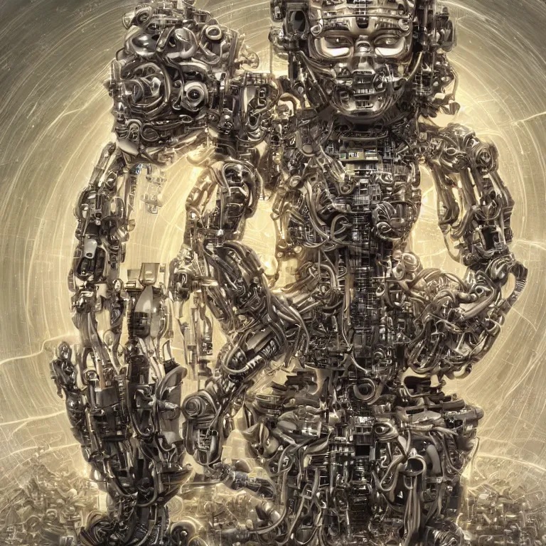 Image similar to Meditating cyborg with many cybernetic implants and wiring and a portable fusion reactor instead of a heart, sitting in a lotus pose, slightly smiling, techno-optimism, utopia, sci-fi, hyperrealist, centered, wide angle shot, sharp focus, detailed, intricate, 4k UHD, creative lighting, digital painting by Greg Rutkowski, face by artgerm, digital art, trending on artstation, top post of all time on /r/transhumanism subreddit
