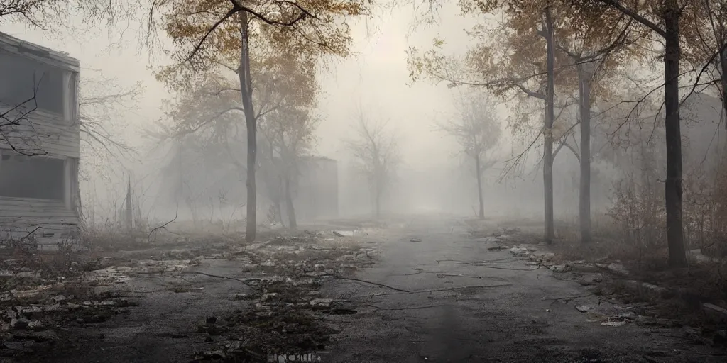 Image similar to abandoned houses, dilapidated Chernobyl city street, fog, rain, volumetric lighting, beautiful, golden hour, sharp focus, ultra detailed, cgsociety