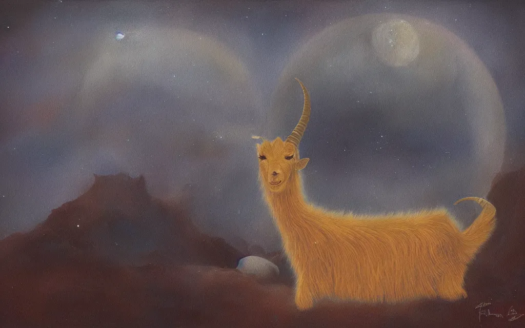 Image similar to satanic goat golden fur in silver desert at night (ethereal) (iridescent), award winning oil painting, lunar color palette