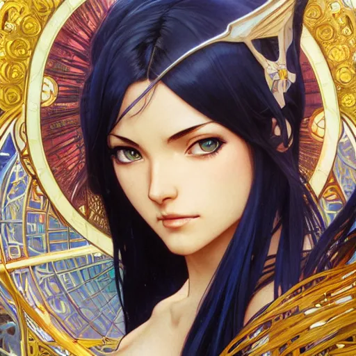 Image similar to highly detailed vfx portrait of nico robin, makoto shinkai, alphonse mucha, sharp focus, art by artgerm and greg rutkowski, backlit, harsh overhead sunlight, blue eyes, stanley kybric, pixiv