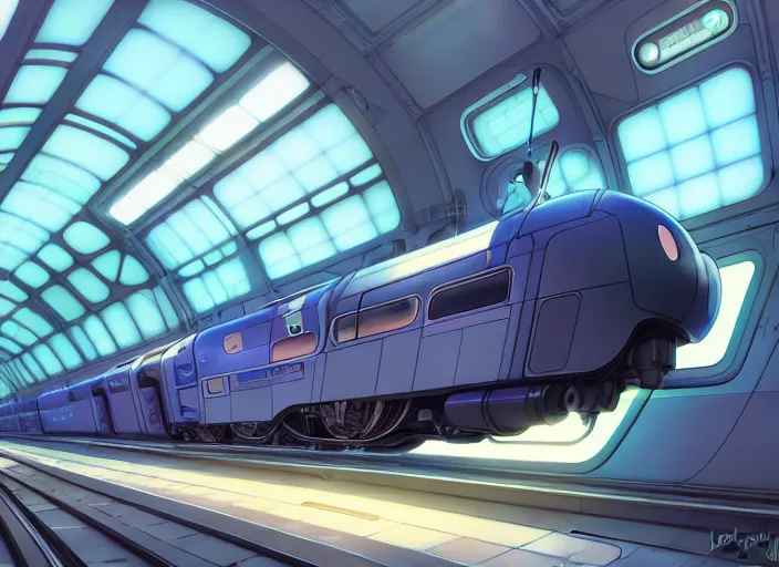 Prompt: (futuristic train designed by Apple), Ilya Kuvshinov, digital, concept art, Kyoto animation, last exile, blue submarine no. 6,loish, murata range, kawaii, yoshitaka amano, studio lighting, manga, bright colors, beautiful, 28mm lens,alphonse mucha, vibrant high contrast, gradation, jean giraud, moebius, fantasy, rule of thirds, fibonacci, intricate, cel shaded, flat, matte print, makoto shinkai