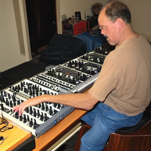 Prompt: Richard D. James playing with his homemade synthesizers