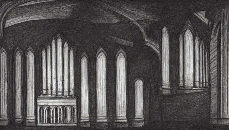 Prompt: pipe organ in a sunken cathedral, 1 9 th century charcoal and pencil drawing, high detail, high contrast