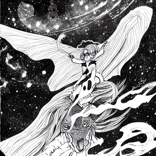 Image similar to winged lioness in outer space, ink on paper, 8k high quality detailed art, trending on art station, manga art, by Eiichiro Oda