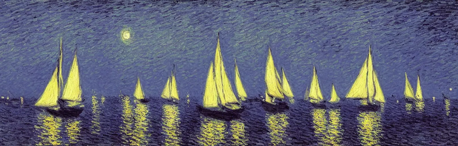 Prompt: An aesthetically pleasing, dynamic, energetic, lively, well-designed digital art of the sailboats on the ocean at night in a low mist, light and shadow, chiaroscuro, by Claude Monet and Vincent Van Gogh, superior quality, masterpiece, excellent use of negative space. 8K, superior detail.