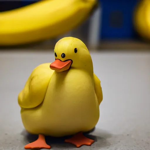 Prompt: banana duck spotted at Walmart. A peeled banana that looks like a duck, depth of field. Professional photography of banana duck sighting. Peeled banana that has a duck beak.