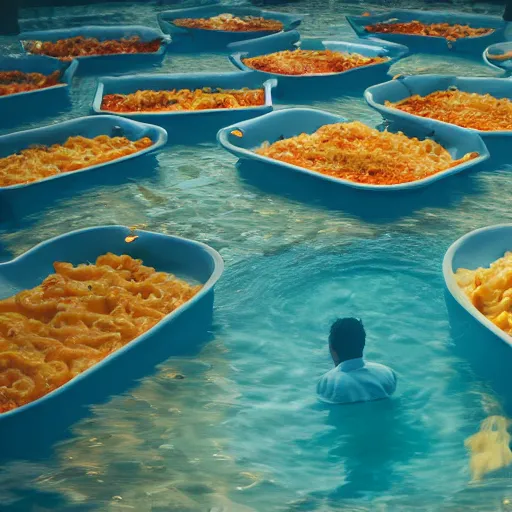 Prompt: a man drowning in a giant pool of mac n' cheese. photograph. medium format.