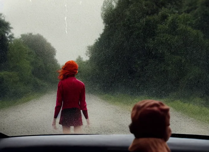 Image similar to A very high resolution image from a new movie, landscape from a car window , teen red hair woman, raining, hot, directed by wes anderson