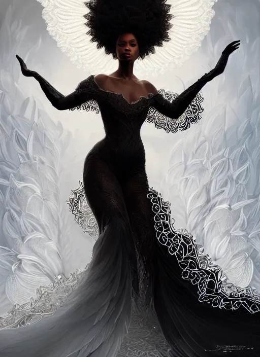 Image similar to full body portrait of beautiful black woman as the swan queen, glowing crown, beautiful flowy feathered gown, intricate white lilies, beautiful baroque lace detail, highly detailed, digital painting, artstation, concept art, smooth, sharp focus, illustration, art by wlop, mars ravelo and greg rutkowski