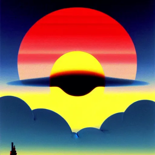 Image similar to hiroshi nagai painting. the sun has a face with many eyes and teeth. seen through the fog