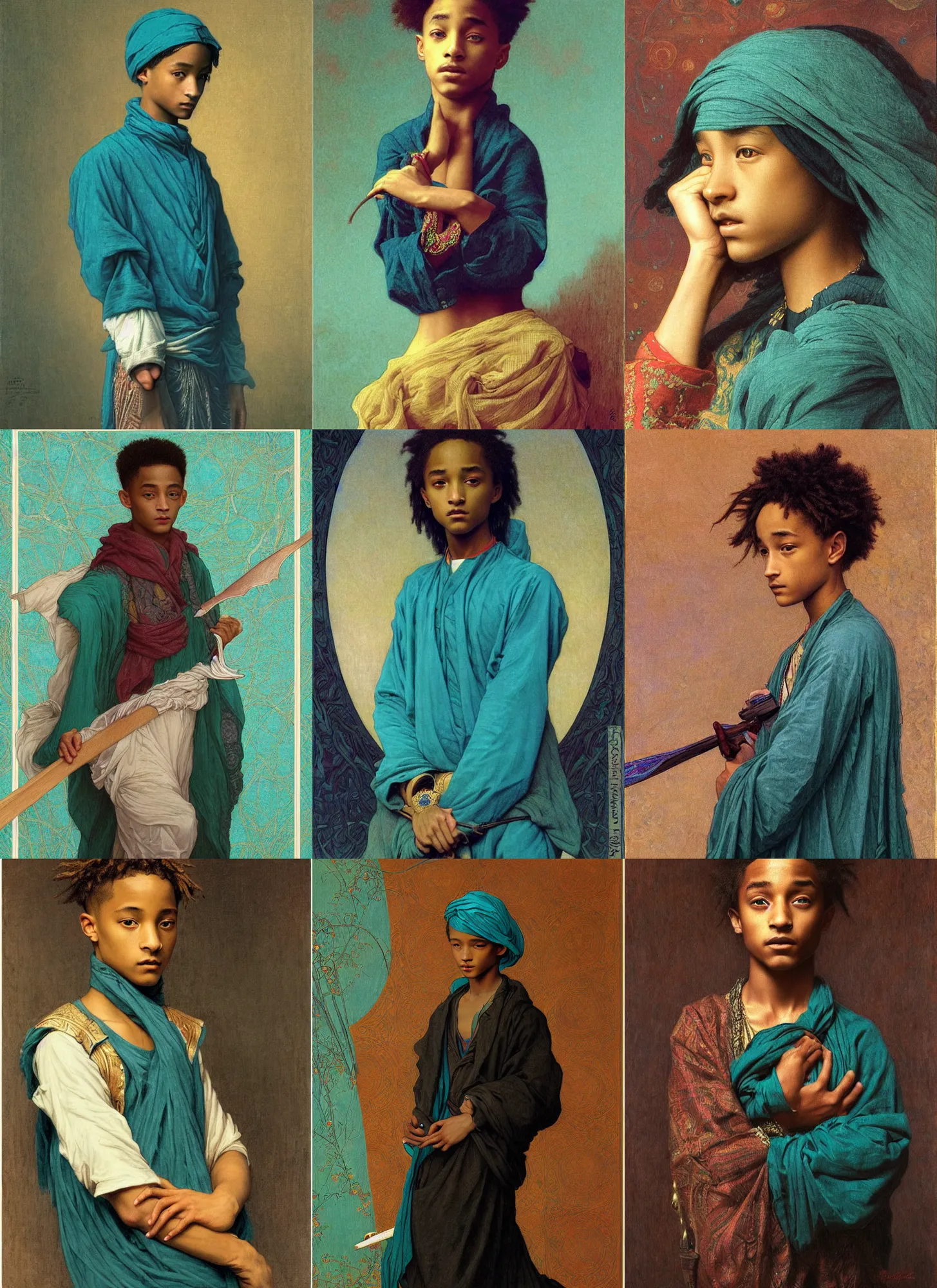 Prompt: jaden smith as young sidecut libu, sidecut, teal cloth, intricate, dark, highly detailed, sharp focus, illustration, orientalism, bouguereau, mucha