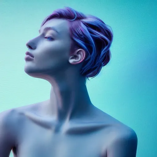 Prompt: flume and former cover art future bass girl un wrapped statue bust curls of hair petite lush side view body photography model full body untouched art contrast vibrant futuristic fabric only skin jellyfish material style of Jonathan Zawada, Thisset colours simple background objective chaotic