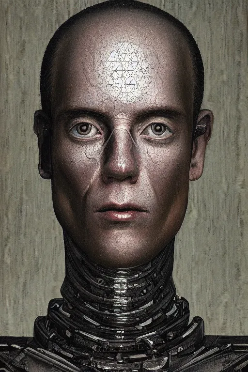 Image similar to robot monk painting a self - portrait on a canvas. intricate, highly detailed, photorealistic, film still, by vdragan bibin.