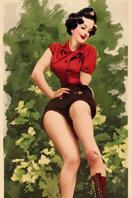 Image similar to a portrait one full body pin up post war dressing a military unioform,garden backgound Gil Elvgren style,center composition,anatomic correct