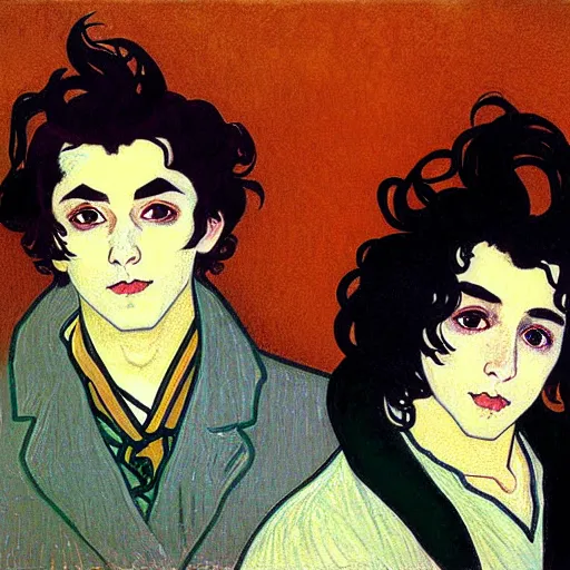 Image similar to painting of young cute handsome beautiful dark medium wavy hair man in his 2 0 s named shadow taehyung and cute handsome beautiful min - jun together at the halloween jack o lantern party, melancholy, autumn colors, elegant, painting, stylized, visible eyes, gorgeous eyes, soft facial features, delicate facial features, art by alphonse mucha, vincent van gogh, egon schiele