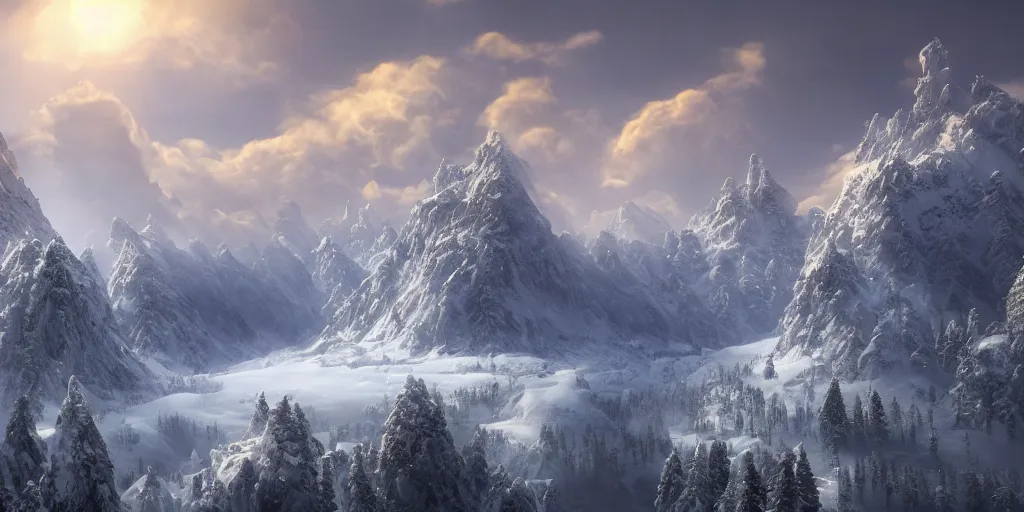 Image similar to a hyper realistic professional photographic view picture of a heavenly snow mountain, photographic filter unreal engine 5 realistic hyperdetailed 8k ultradetail cinematic concept art volumetric lighting, fantasy artwork, very beautiful scenery, very realistic painting effect, hd, hdr, cinematic 4k wallpaper, 8k, ultra detailed, high resolution, artstation trending on artstation in the style of Albert Dros glowing rich colors powerful imagery nasa footage drone footage drone photography