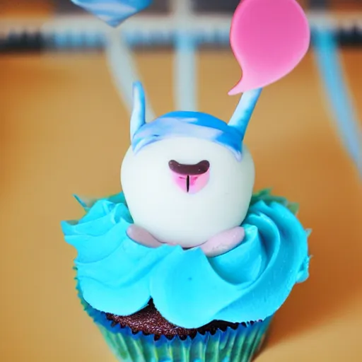 Image similar to a kawai cupcake character wearing a speedo about to dive in a swimming pool