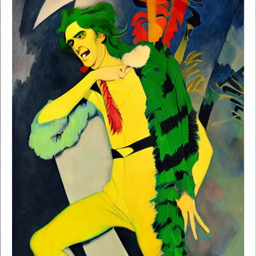 Image similar to art by joshua middleton, the creeper, a tall manically smiling yellow - skinned man with green and black striped cycling shorts and wearing a long red feather boa, mucha, kandinsky, poster, comic art, stylised design