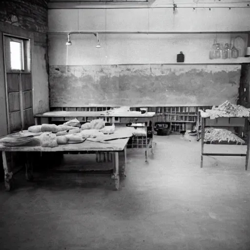 Image similar to An empty kitchen. The smell of a thousand meals linger in the air like an unpleasant memory. Sacks of flour and other supplies are stacked everywhere; the place looks more like a warehouse than a home, as if they aren't going to be cooking anything for at least another two months.