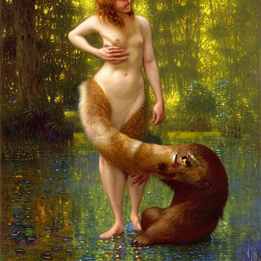 Prompt: portrait of a furry anthromorphic otter wearing a dress. furaffinity forest fantasy highly detailed painting by gaston bussiere craig mullins jc leyendecker gustav klimt artgerm greg rutkowski john berkey, bergey, craig mullins, ruan jia, raymond swanland, jeremy mann, tom lovell, alex malveda