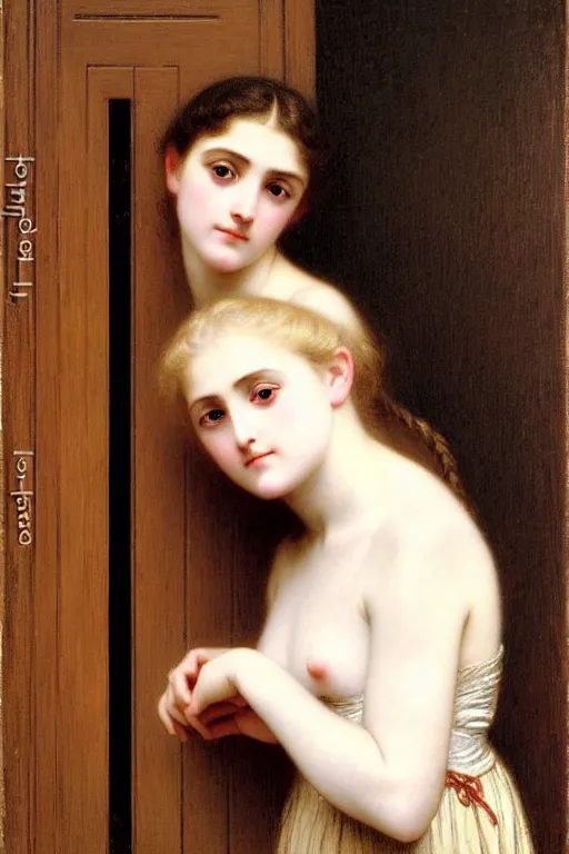 Image similar to girl in thought by auguste toulmouche and bouguereau, bright light, perfect detailed eyes, beautiful hands, pale skin, blonde hair, leaning on door