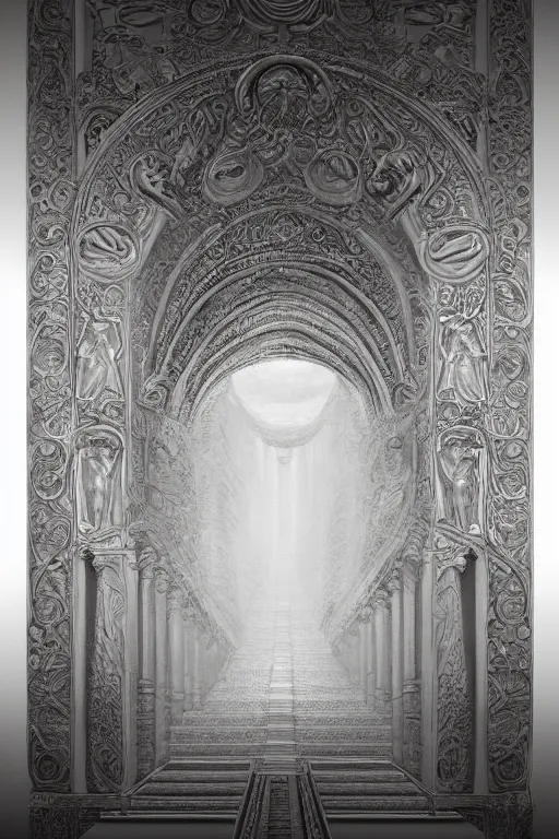 Image similar to a beautiful 3 d gigantic golden hell's gate osborne robert mandel artstation unreal 8 k ， greco - roman art, intricate complexity, gilded swirls on monochrome, occult propaganda, in the thick fog