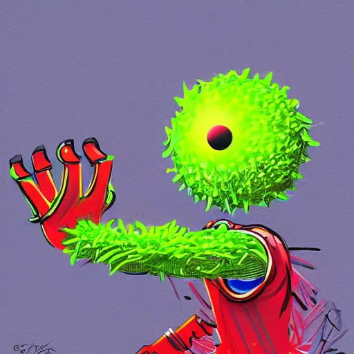 Prompt: a tennis ball monster, wearing VR goggles, digital art, fantasy, magic, trending on artstation, ultra detailed, professional illustration by Basil Gogos