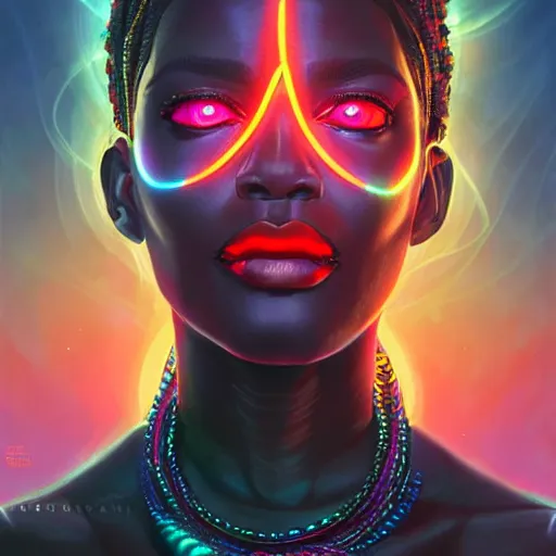 Image similar to african neon necromancer, science fiction, highly detailed, digital painting, beautiful eyes, symmetry, concept art, sharp focus, illustration, global illumination, radiant light, synthwave colors, detailed and intricate environment, art by artgerm and greg rutkowski and magali villeneuve and ilya kuvshinov!