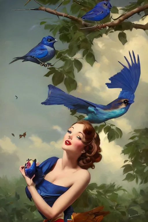 Image similar to hyper realistic painting, tasteful pinup girl holding an indigo bunting, bird, the bird is wearing a bowtie, by greg rutkowski, rossdraws, gil elvgren, enoch bolles, anime, porcelain skin, very coherent