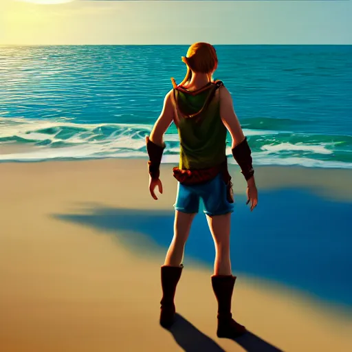 Prompt: a hyper real comic book style portait painting of zelda on the beach with link walking inside the ocean, unreal 5, hyperrealistic, octane render, cosplay, rpg portrait, dynamic lighting