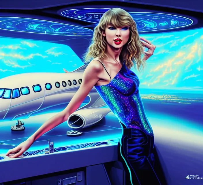Image similar to Taylor Swift in her private jet in holograms of alien artifacts, electrical case display, total recall tech, ultrarealistic, dramatic lighting, electrical details, high details, 4k, 8k, best, accurate, trending on artstation, artstation, photorealism, ultrarealistic, digital painting, style of Tristan Eaton Stanley Artgerm and Hajime Sorayama, Caravaggio, Boris Vallejo