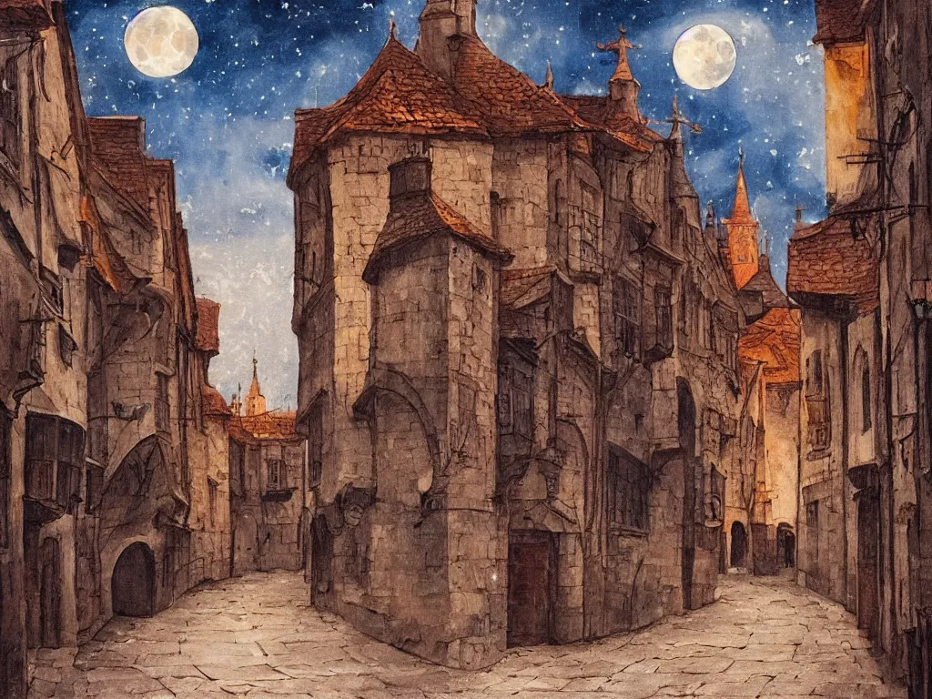 Image similar to moonlit medieval city street, moon covered with long horizontal clouds, natural colors, medieval painting