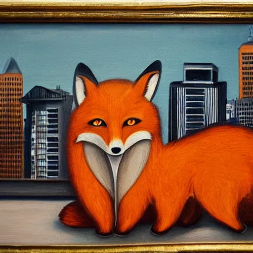 Image similar to anthropomorphic fox standing on a rooftop looking down on the city streets below, highly detailed painting