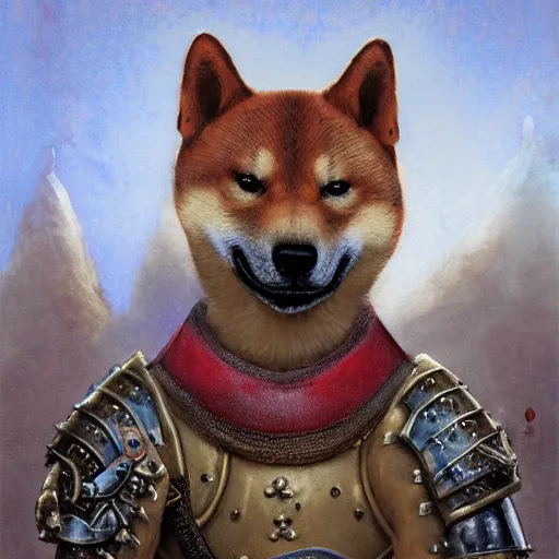 Image similar to anthropomorphic shiba inu is, army of knights wearing armor, anthropomorphic shiba inu medieval banquet, stuning fantasy 3 d render, masterpiece, glowing aura, by donato giancola and greg rutkowski and wayne barlow and zdzisław beksinski, realistic face
