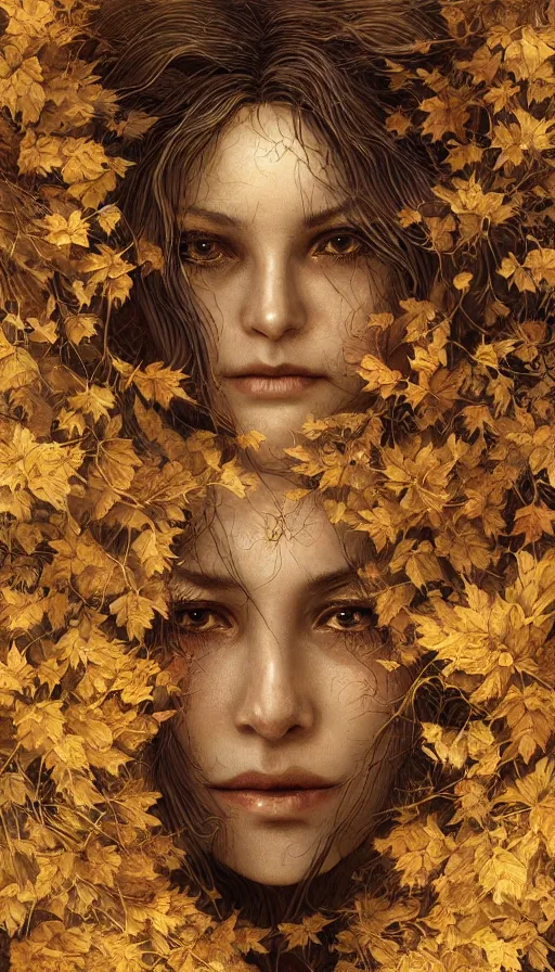 Image similar to golden leaves at frame border, creative!!! composition for a book cover!!!, absurdly beautiful, ultrafine hyperrealistic detailed old witch face by wlop and artgerm and greg rutkowski, intricate linework, sharp focus, smooth, octopath traveler, final fantasy, unreal engine, dramatic lighting, ethereal, 8 k