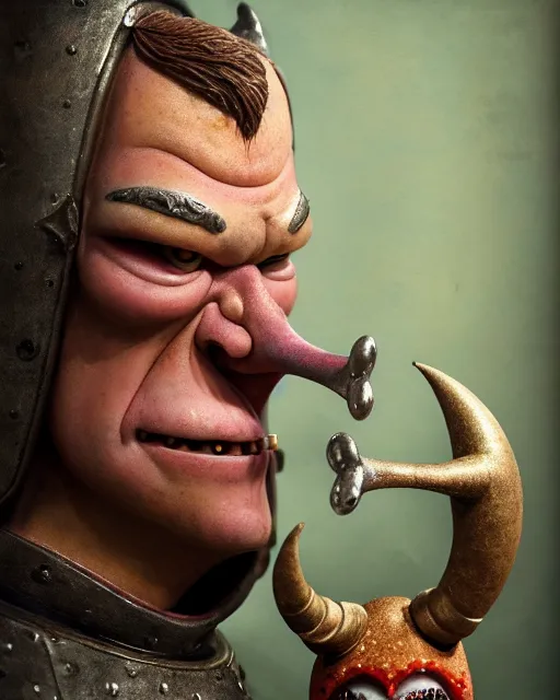 Image similar to highly detailed closeup, face profile portrait of a tin toy matt damon as a medieval demon with horns eating cakes in a castle, hyper realistic, artstation, illustration, nicoletta ceccoli, mark ryden, lostfish, dan decarlo, bob clampett, max fleischer, digital paint, matte paint, vivid colors, detailed and intricate environment