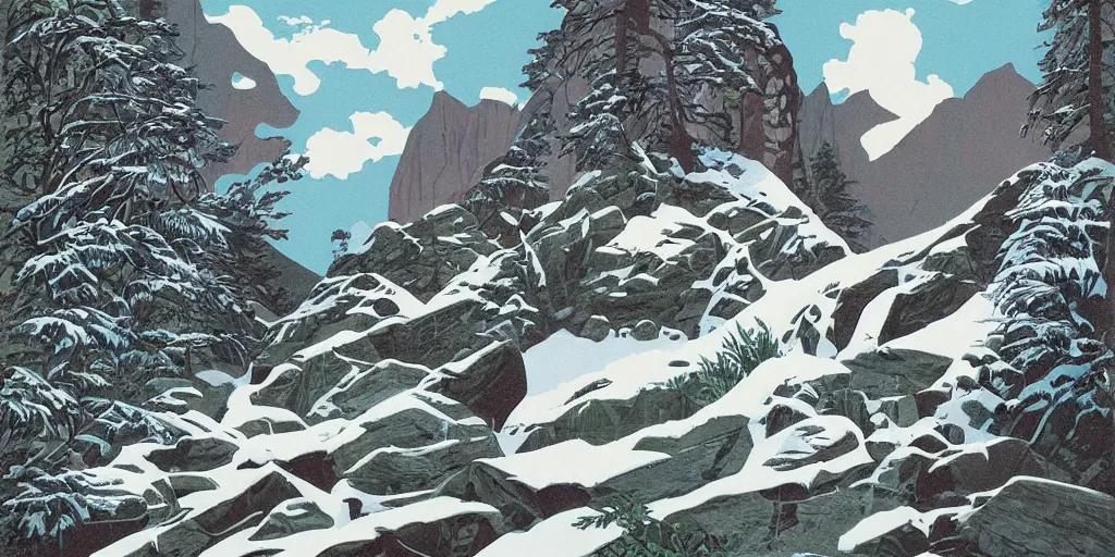 Image similar to beautiful idyllic poster illustration for a craggy snow valley national park by ludwig hohlwein