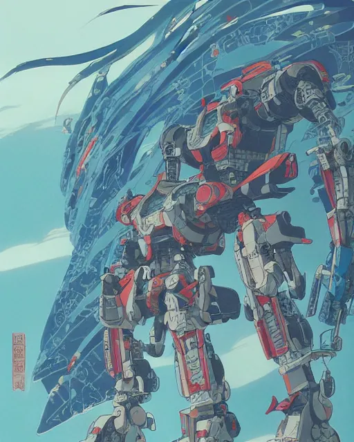 Image similar to japanese folk painting of mecha, detailed, cel shaded, by makoto shinkai and moebius and anton fadeev and james gurney,