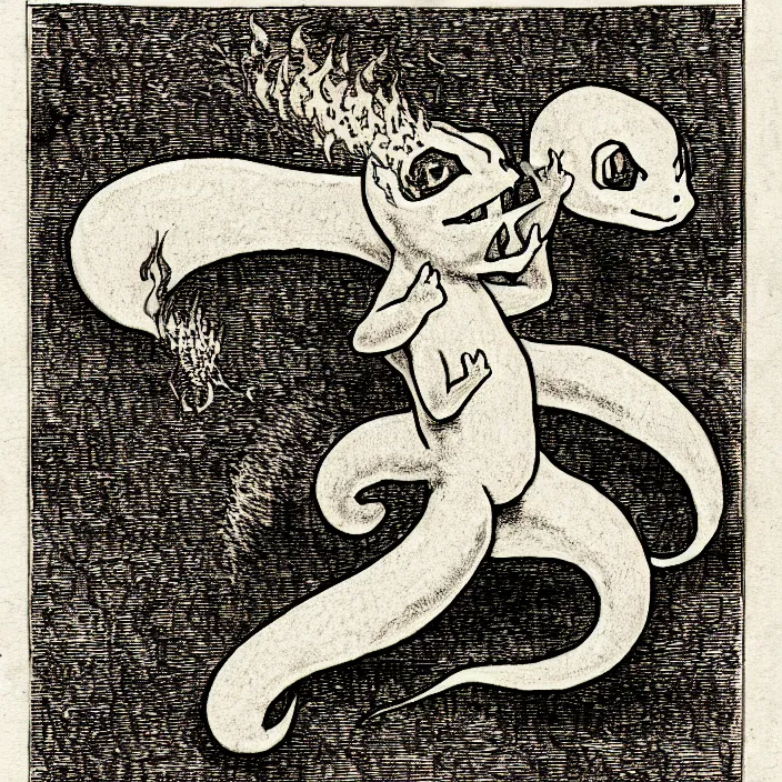 Image similar to charmander, as a demon from the dictionarre infernal, pen - and - ink illustration, etching by louis le breton, 1 8 6 9, 1 2 0 0 dpi scan, ultrasharp detail, hq scan, intricate details, stylized border