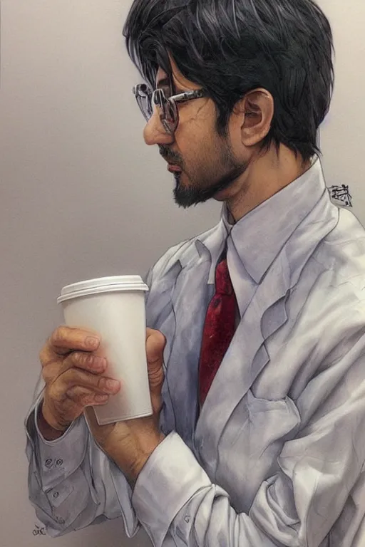 Prompt: a persian man drinking coffee from a paper cup at his work cubicle, by artgerm and yoshitaka amano, trending on artstation