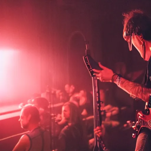 Prompt: a metal concert, lead guitarist playing a guitar solo, dramatic lighting