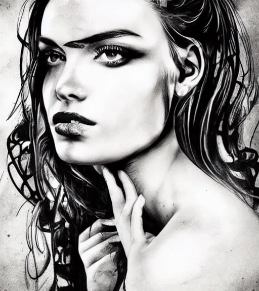 Image similar to tattoo design sketch of an extremely beautiful woman face with a background of beautiful mountains on her side, hyper - realistic, double exposure effect, in the style of den yakovlev, amazing detail, black and white, faded