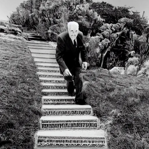 Prompt: stairs to heaven with Bob barker at the top