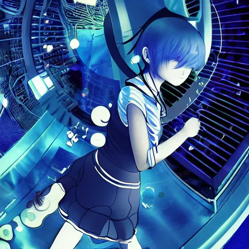 Image similar to Frequency indie album cover, luxury advertisement, blue filter, blue and black colors. Clean and detailed post-cyberpunk sci-fi close-up schoolgirl in asian city in style of cytus and deemo, blue flame, relaxing, calm and mysterious vibes, by Tsutomu Nihei, by Yoshitoshi ABe, by Ilya Kuvshinov, by Greg Tocchini, nier:automata, set in half-life 2, GITS, Blade Runner, Neotokyo Source, Syndicate(2012), dynamic composition, beautiful with eerie vibes, very inspirational, very stylish, with gradients, surrealistic, dystopia, postapocalyptic vibes, depth of field, mist, rich cinematic atmosphere, perfect digital art, mystical journey in strange world, beautiful dramatic dark moody tones and studio lighting, shadows, bastion game, arthouse