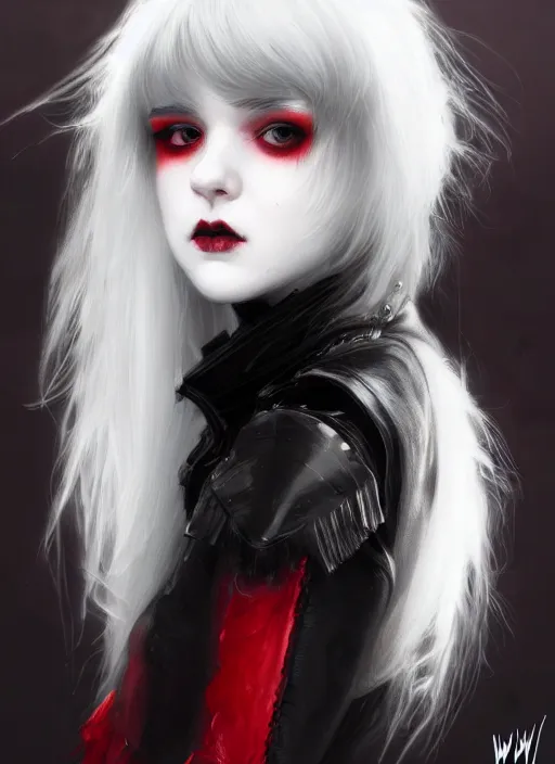 Prompt: portrait of white teenage girl, normal face, black bangs, mall goth, cyberlox, black and white hair, bangs, fluffy bangs, red contacts, intricate, elegant, highly detailed, digital painting, artstation, concept art, sharp focus, smooth, illustration, art by wlop, mars ravelo and greg rutkowski