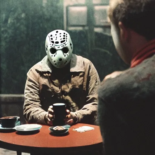 Image similar to photograph of jason voorhees having a coffee at an european caffé