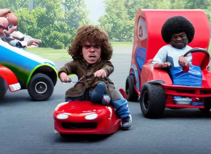 Image similar to peter dinklage racing gary coleman driving a little tikes cars, movie still, from the new fast and furious movie, 8 k, realistic