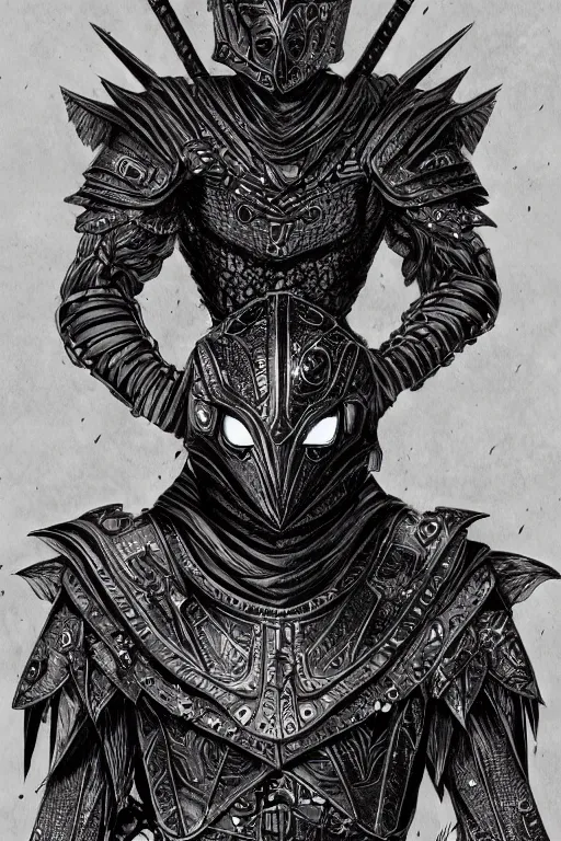 Prompt: armoured human, crow armour, symmetrical, highly detailed, digital art, black feathers, sharp focus, trending on art station, kentaro miura manga art style